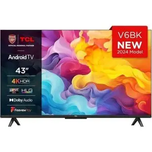 TCL 43V6BK 43-inch 4K Ultra HD, HDR TV, Smart TV, Android TV (Dolby Audio, Voice Control,2024 New Model)