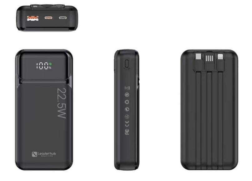 Leaderhub PF200 20000mAh Power Bank with 3 Built-in Cables – Type-C, Lightning & Micro USB